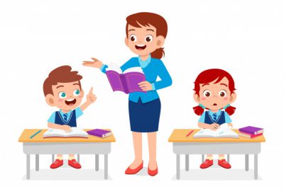 کاراکتر دانش آموز پسر و دختر شاد و خانم معلم - Happy kids boy and girl study with teacher