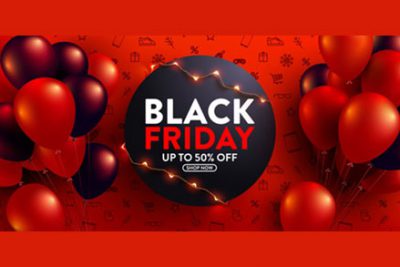 بنر حراج جمعه سیاه - Black friday sale 50% off red and black ballons