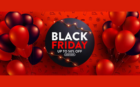 بنر حراج جمعه سیاه - Black friday sale 50% off red and black ballons