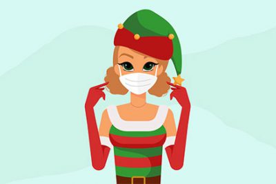 دختر با کلاه بابانوئل و ماسک - Christmas girl elf wearing protective medical mask