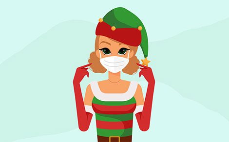 دختر با کلاه بابانوئل و ماسک - Christmas girl elf wearing protective medical mask