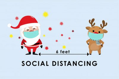 اینفوگرافیک بابانوئل و گوزن با ماسک و فاصله اجتماعی - Covid-19 distancing infographic