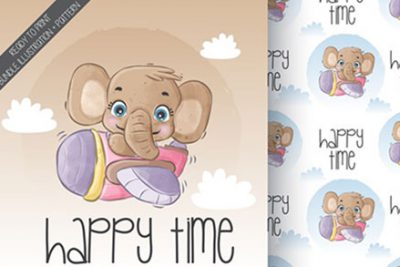 پترن کاراکتر کارتونی بچه فیل - Baby elephant happy flying with airplane pattern