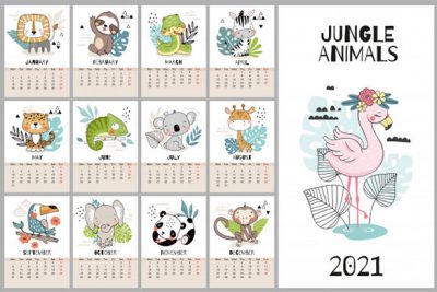 تقویم 2021 با کاراکتر حیوانات کارتونی - Calendar for 2021 with animal characters