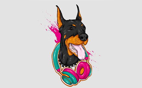 کاراکتر سگ دوبرمن با هدفون - Doberman dog with headphones