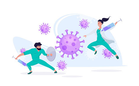 بنر مبارزه کادر درمان کاراکتر دکتر و پرستار با ویروس کرونا – Fight the virus concept