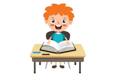 کاراکتر پسر بچه در حال درس خواندن – Funny little school kid character