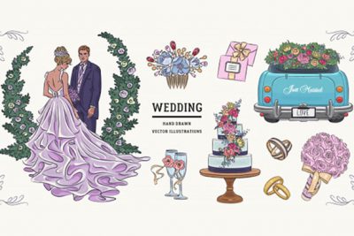 بنر مجموعه لوازم عروسی با عروس و داماد - Hand drawn sketch wedding set