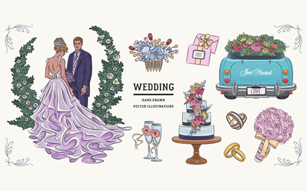 بنر مجموعه لوازم عروسی با عروس و داماد - Hand drawn sketch wedding set