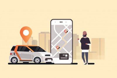تاکسی آنلاین با کاراکتر مرد – Man using mobile app ordering automobile vehicle