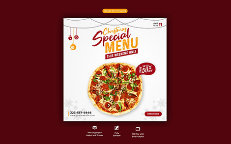 بنر تبلیغ پیتزا برای کریسمس مناسب اینستاگرام - Christmas food menu and pizza banner