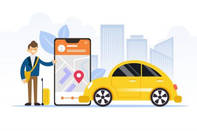 تاکسی آنلاین با کاراکتر مرد – Person next to taxi app on phone illustrated