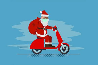 بابانوئل با ماسک سوار اسکوتر - Santa claus in mask driving scooter delivering gifts