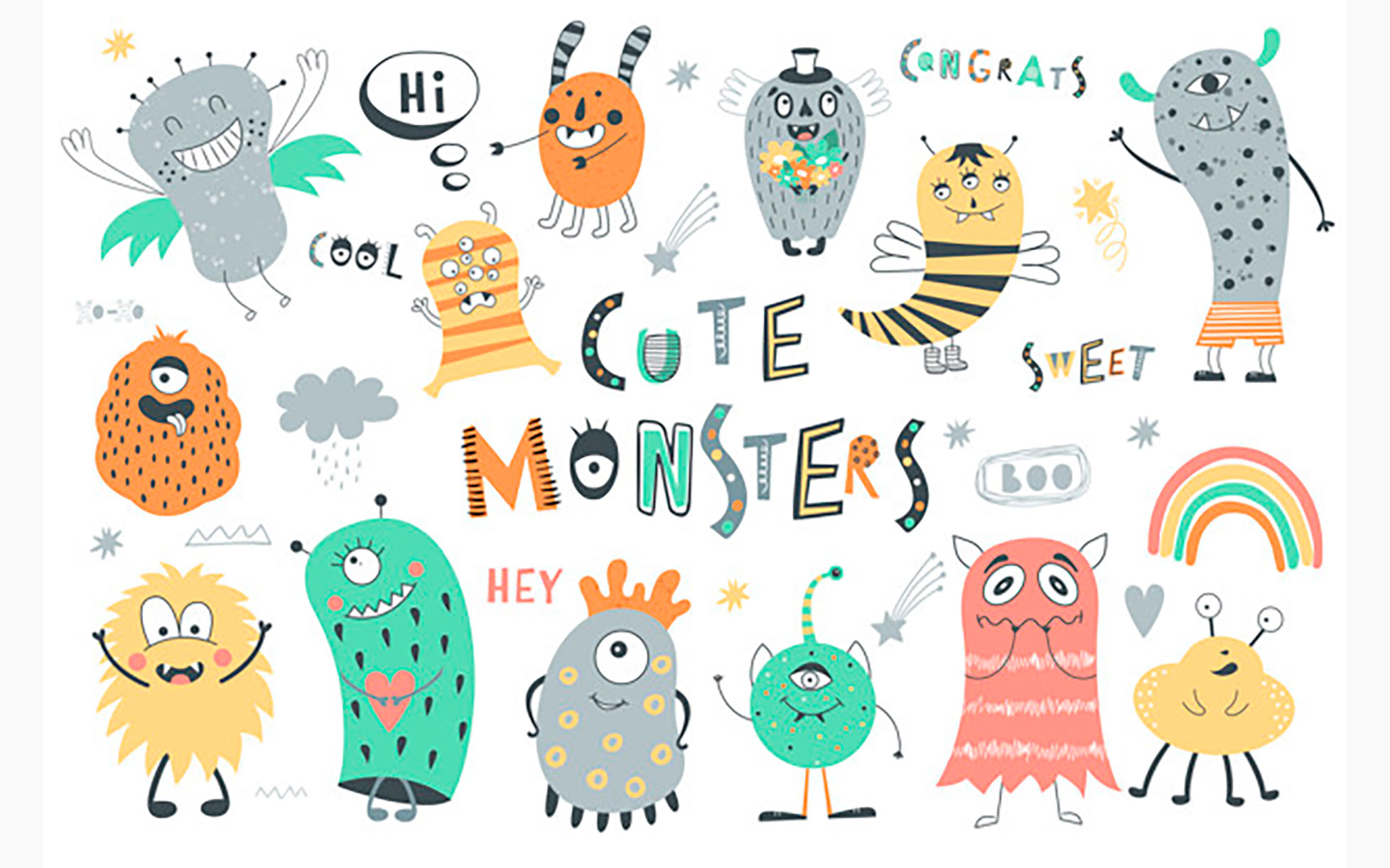 مجموعه کاراکتر کارتونی هیولاهای زیبا - Set of cute monsters