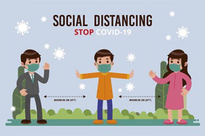 کاراکتر دختر و پسر با ماسک و فاصله اجتماعی – Social distancing concept