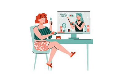 کاراکتر خانم در حال مشاهده بیوتی بلاگر - Woman watching makeup advices beauty blogger
