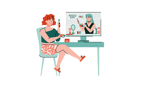 کاراکتر خانم در حال مشاهده بیوتی بلاگر - Woman watching makeup advices beauty blogger