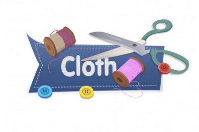 لوازم خیاطی - Word cloth with scissors and thread and buttons