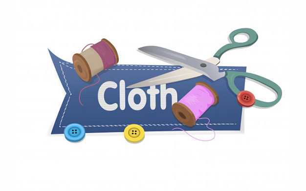 لوازم خیاطی - Word cloth with scissors and thread and buttons