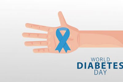 بنر روز جهانی دیابت - World diabetes day with hand lifting blue ribbon