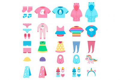 مجموعه لباس و اسباب بازی کودک - Baby clothes and toys cartoon set isolated