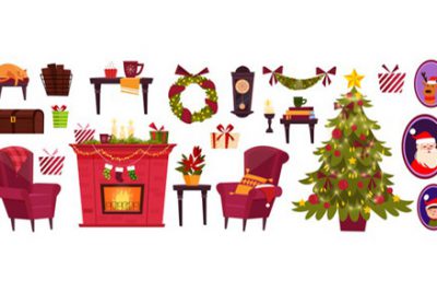 مجموعه لوازم منزل کارتونی کریسمس - Christmas and new year collection with objects in cartoon style