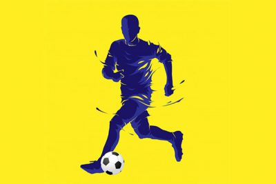 پوستر نیمرخ فوتبالیست - Football soccer ball posing blue silhouette