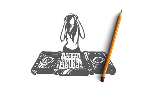 طرح دست کشیده دی جی - Hand drawn dj in nightclub concept sketch