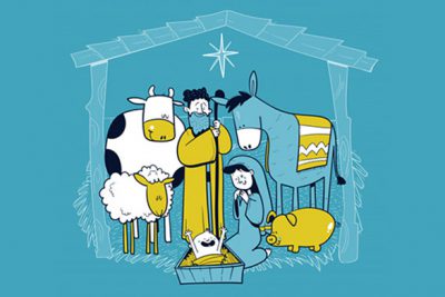 تولد مسیح و تبریک کریسمس - Holy family manger scene card of merry christmas