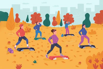 مجموعه کاراکتر ورزش گروهی در فضای باز - Outdoor fitness flat color illustration