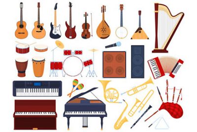 مجموعه ای از آلات موسیقی سازهای زهی و بادی طبل کیبورد - Set of musical instruments