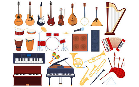مجموعه ای از آلات موسیقی سازهای زهی و بادی طبل کیبورد - Set of musical instruments