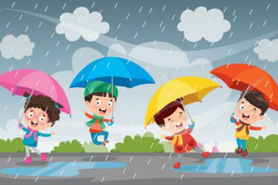 کاراکتر پسر بچه ها با چتر در باران – Children playing under the rain in autumn