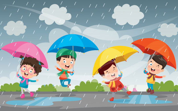 کاراکتر پسر بچه ها با چتر در باران – Children playing under the rain in autumn