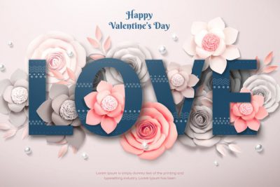 بنر تبریک روز ولنتاین - Happy valentine's day design with paper flower and pearl