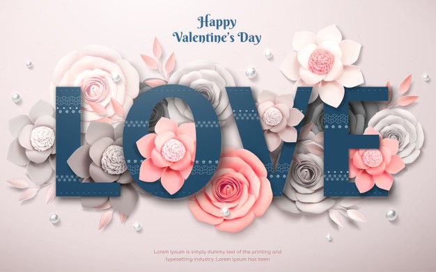 بنر تبریک روز ولنتاین - Happy valentine's day design with paper flower and pearl