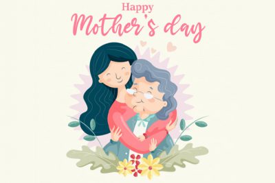 بنر روز مادر با کاراکتر مادر بزرگ و نوه – Mothers day hugging grandma