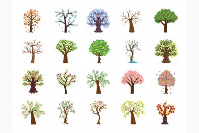 مجموعه آیکون چهار فصل درخت – Set of four season tree flat vector icons
