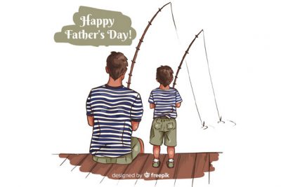 بنر روز پدر با کاراکتر پدر و پسر در حال ماهیگیری - Hand drawn fathers day background