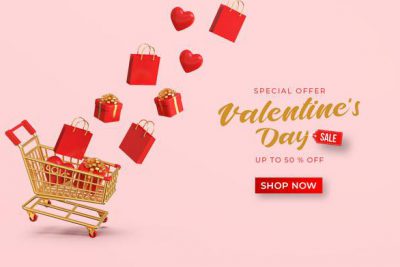 موکاپ بنر حراج برای روز ولنتاین 3 بعدی - Happy valentine's day sale banner mockup with 3d