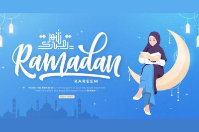 بنر ماه رمضان با کاراکتر زن با حجاب – Beautiful happy ramadan mubarak banner