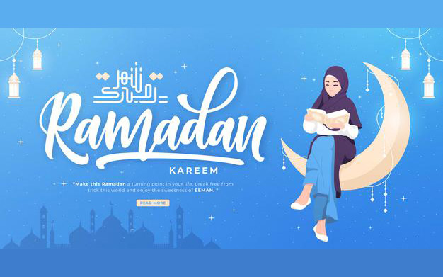 بنر ماه رمضان با کاراکتر زن با حجاب – Beautiful happy ramadan mubarak banner