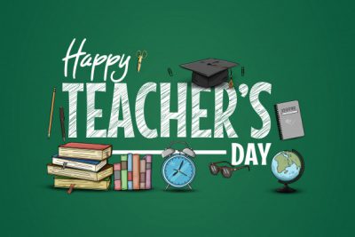 بنر تبریک روز معلم - Happy teachers day with school supplies