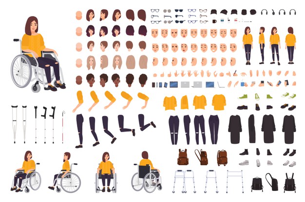مجموعه کاراکتر دختر جوان مناسب انیمیشن – Young disabled woman in wheelchair