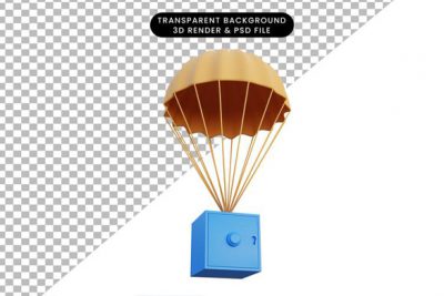 آیکون 3 بعدی گاوصندوق با چتر نجات - 3d rendering of safe falling with a parachute