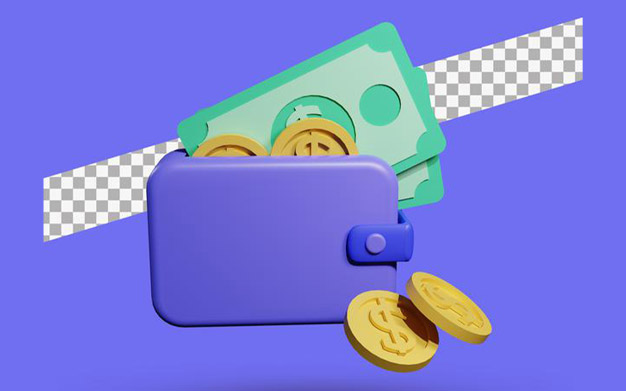 آیکون 3 بعدی کیف پول - Wallet with dollar 3d rendering