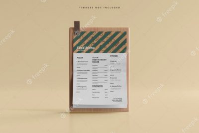 موکاپ منوی غذا - A4 size food menu on a wooden board mockup