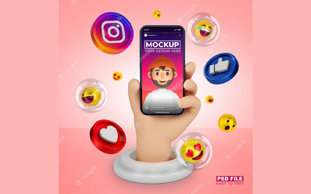 موكاپ کارتونی دست با تلفن هوشمند - Cute 3d cartoon hand with smartphone