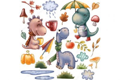 وكتور مجموعه پاییزی دایناسورها - Dinosaurs clipart autumn set with cute dinosaurs and decor elements