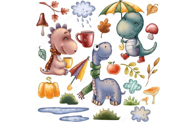 وكتور مجموعه پاییزی دایناسورها - Dinosaurs clipart autumn set with cute dinosaurs and decor elements